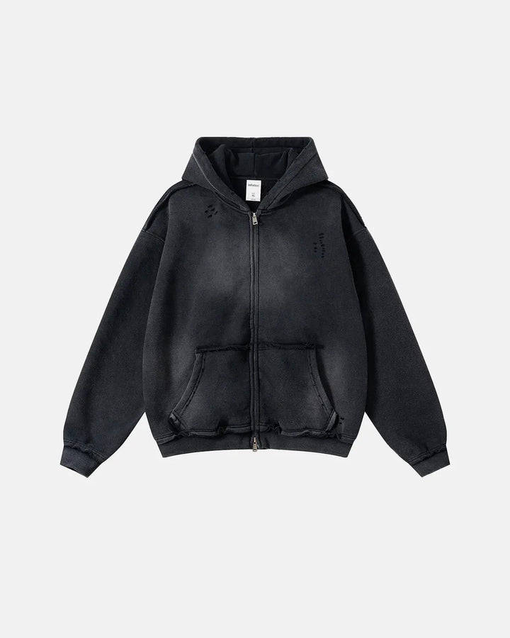 Washed zip-up hoodie with hood, pockets and distressed details