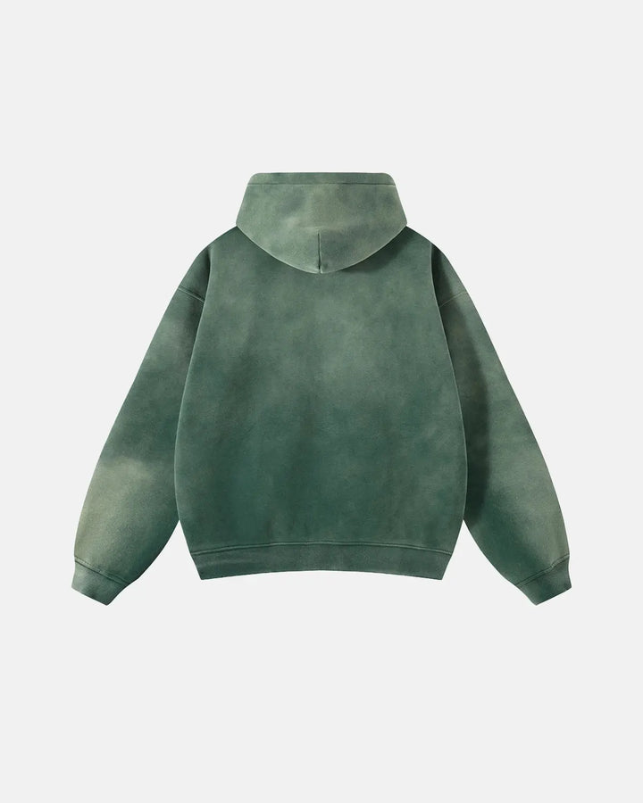 Unisex acid-washed zip-up hoodie with hood and front pockets