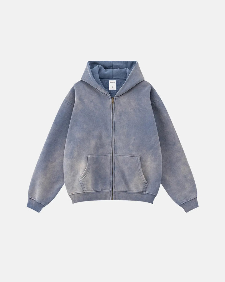 Men's acid washed full zip hoodie with hood and front pockets