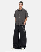 Men's dark gray waffle shirt with short sleeves and metal clasps