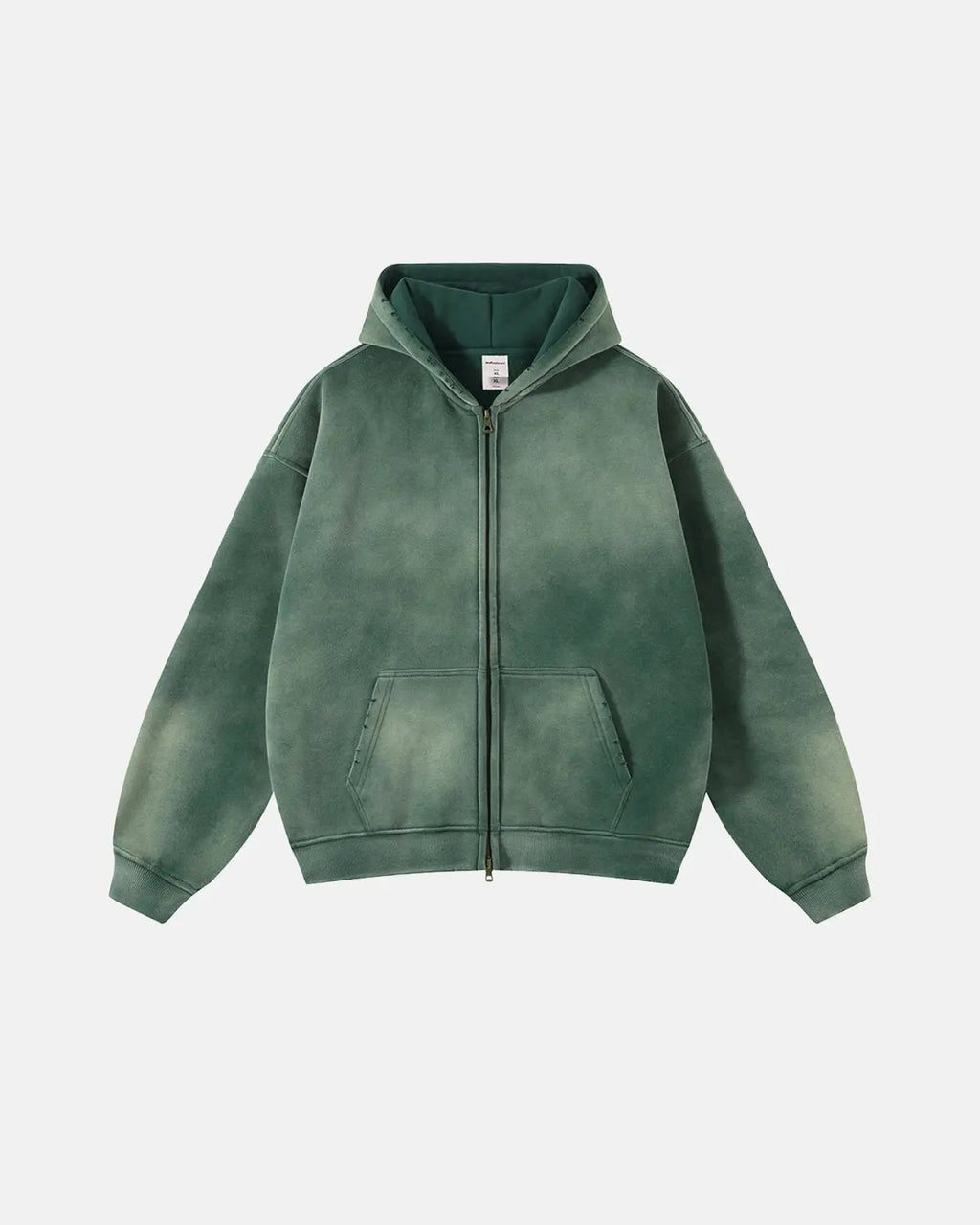 Unisex acid-washed zip-up hoodie with hood and front pockets