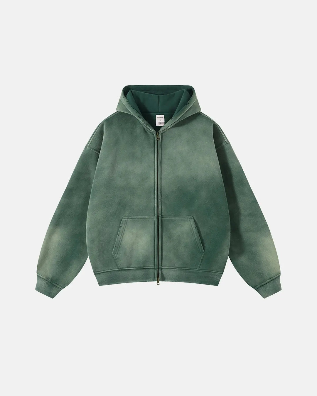 Unisex acid-washed zip-up hoodie with hood and front pockets