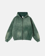 Unisex acid-washed zip-up hoodie with hood and front pockets
