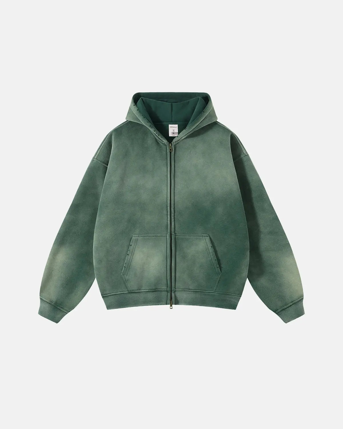 Unisex acid-washed zip-up hoodie with hood and front pockets