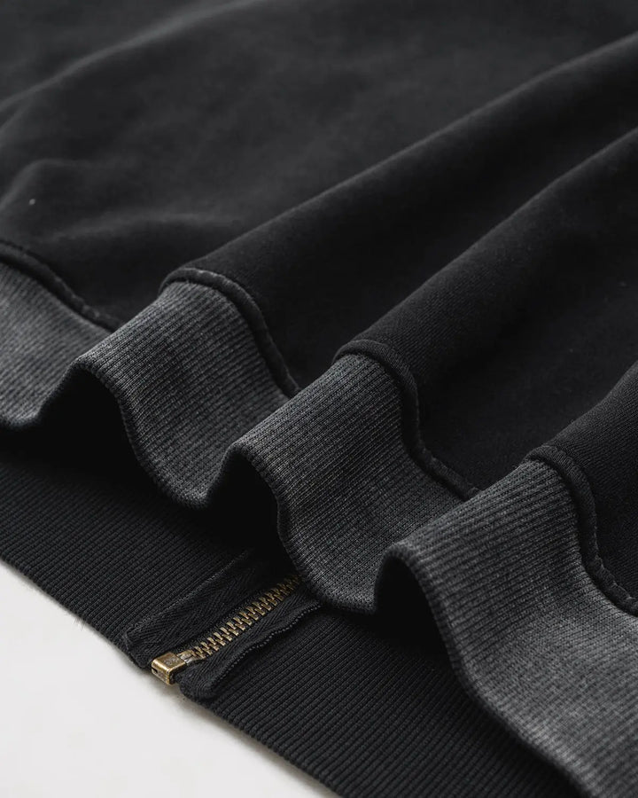 Men's black acid wash zip-up hoodie with white stripes