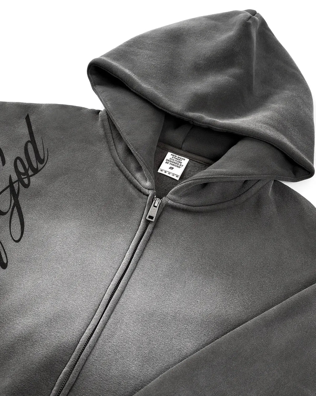 Men's grey acid-wash zip-up hoodie with hood, graphic print and front pockets