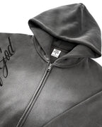 Men's grey acid-wash zip-up hoodie with hood, graphic print and front pockets