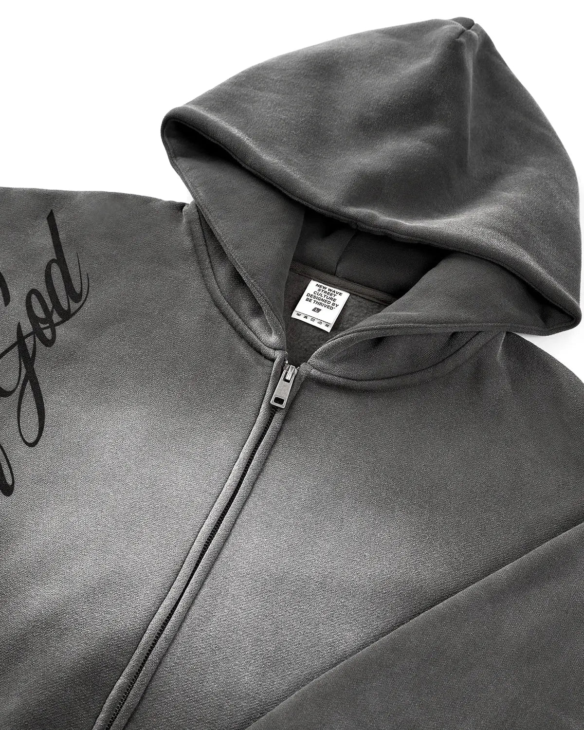 Men's grey acid-wash zip-up hoodie with hood, graphic print and front pockets