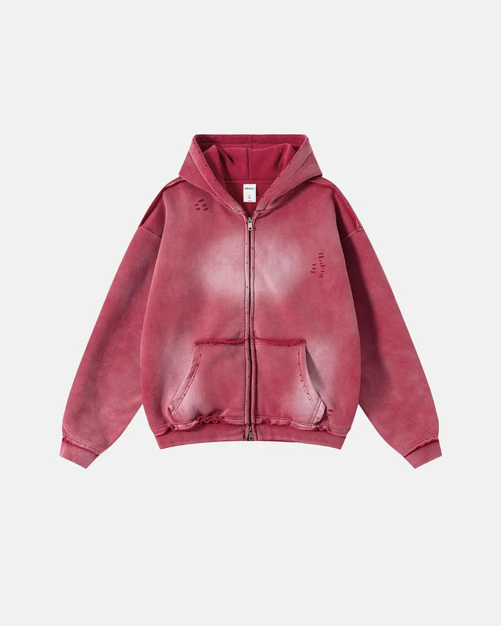 Washed zip-up hoodie with hood, pockets and distressed details