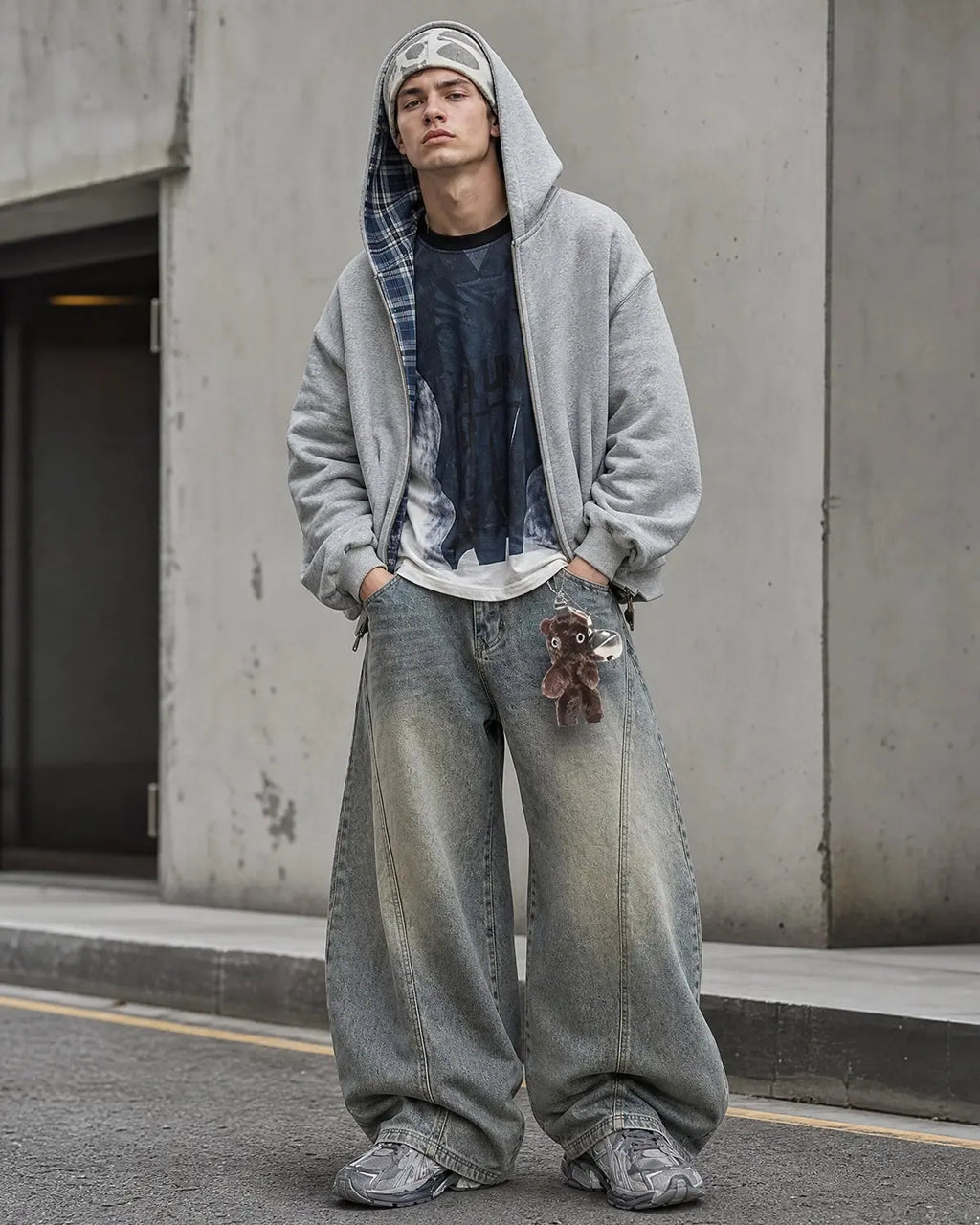 Men's grey reversible plaid cropped hoodie with zip front