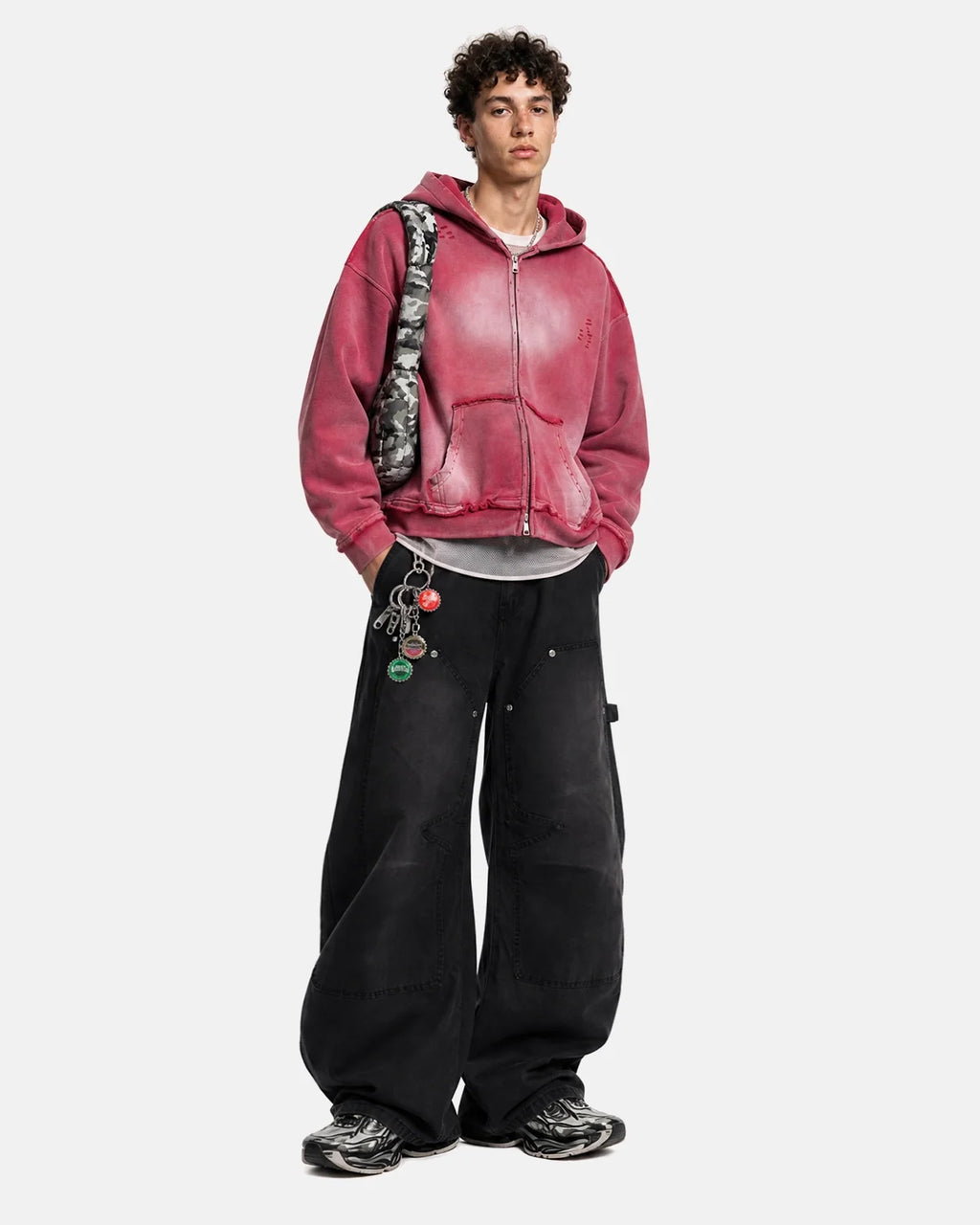 Washed zip-up hoodie with hood, pockets and distressed details