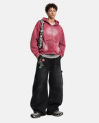 Washed zip-up hoodie with hood, pockets and distressed details