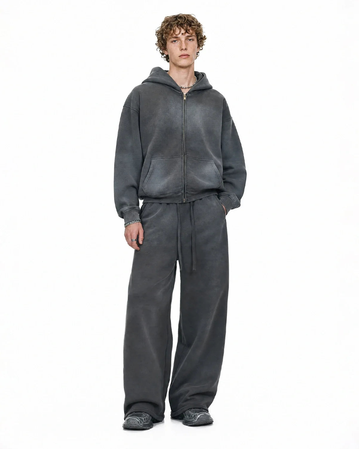 Men's acid washed full zip hoodie with hood and front pockets