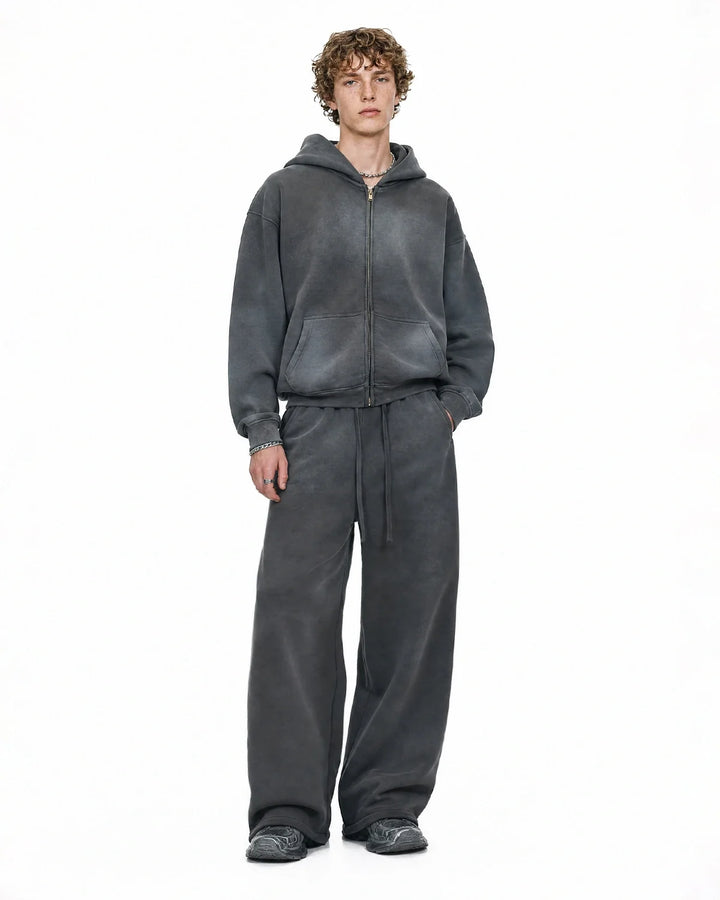 Men's acid washed full zip hoodie with hood and front pockets