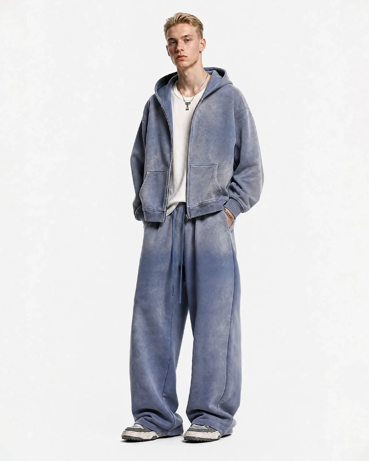 Men's acid washed full zip hoodie with hood and front pockets
