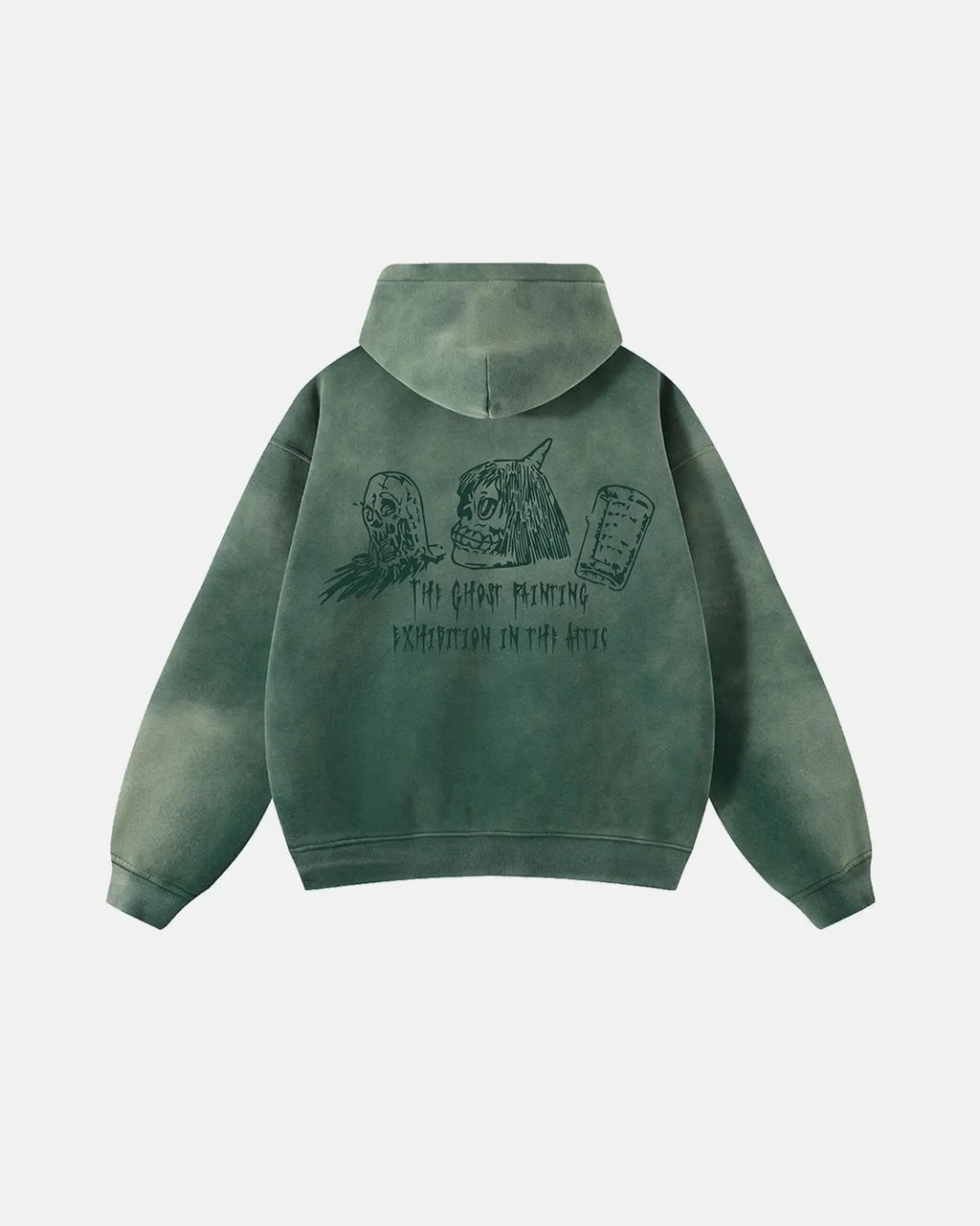 Green unisex zip-up hoodie with hood and graphic back print