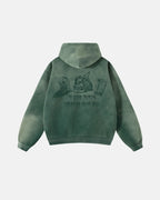 Green unisex zip-up hoodie with hood and graphic back print