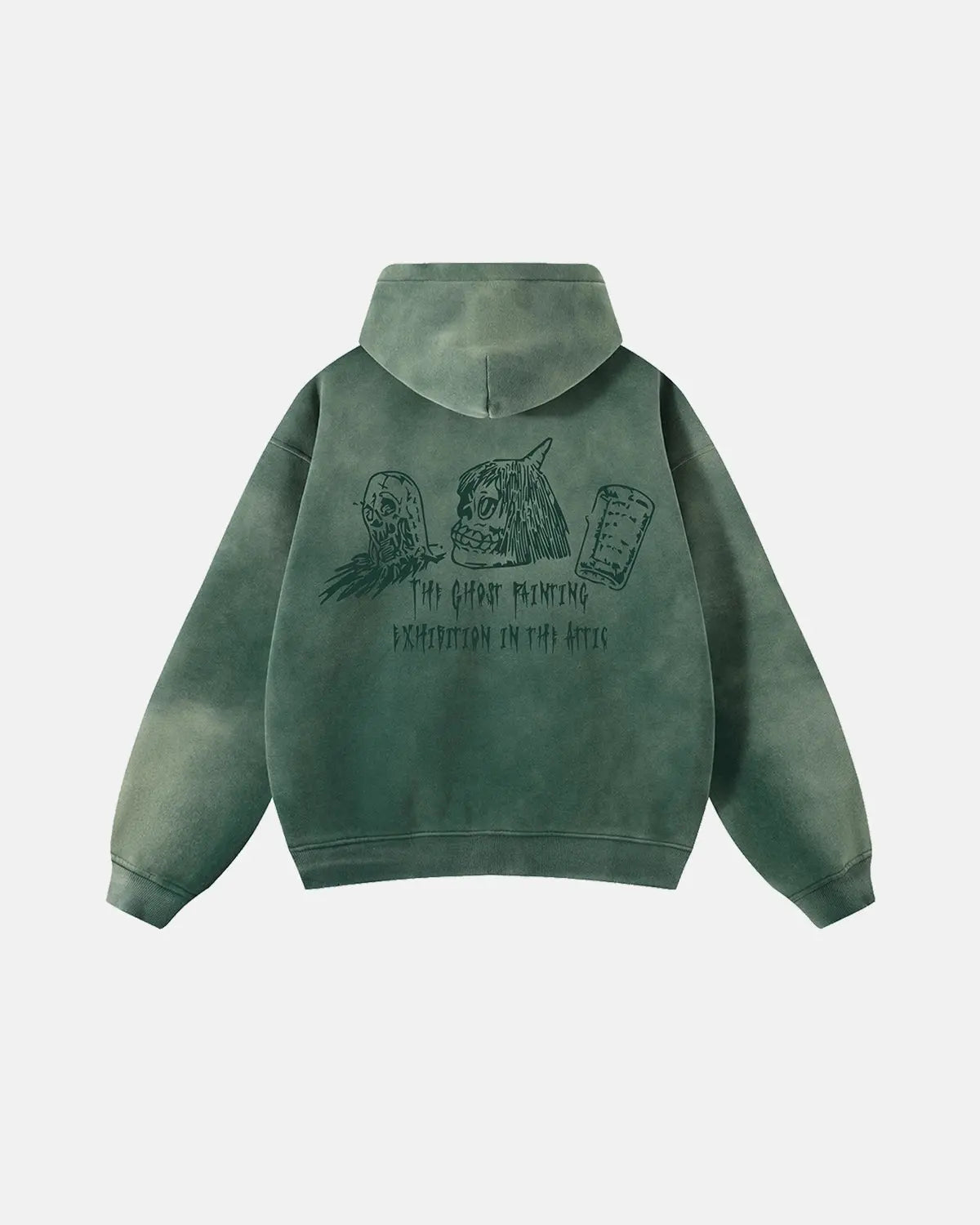 Green unisex zip-up hoodie with hood and graphic back print