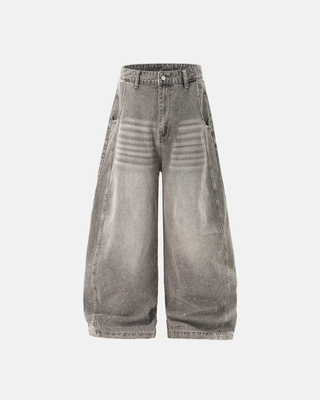 Light gray washed wide-leg jeans with rhinestone lower-leg detail
