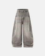 Light gray washed wide-leg jeans with rhinestone lower-leg detail
