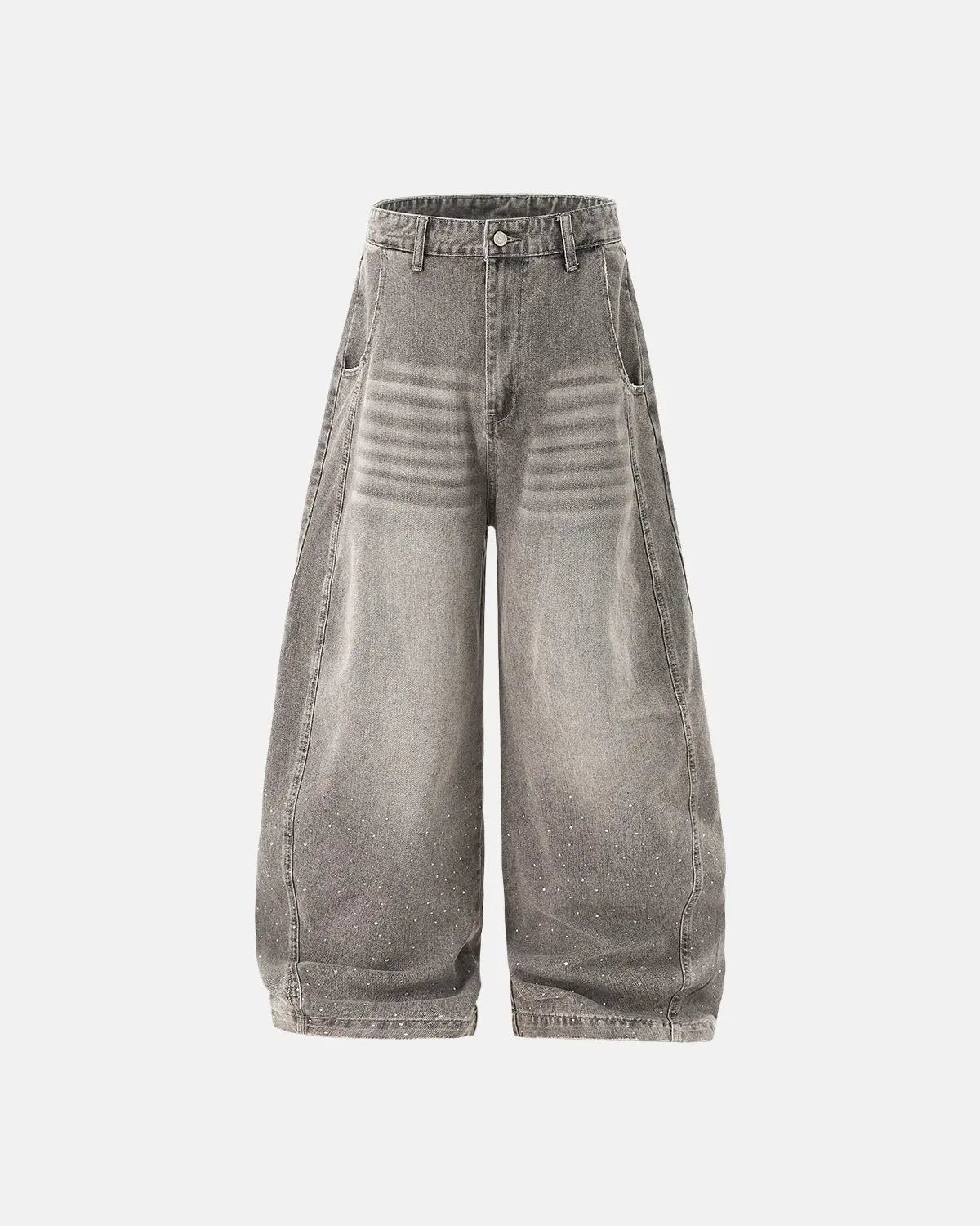 Light gray washed wide-leg jeans with rhinestone lower-leg detail