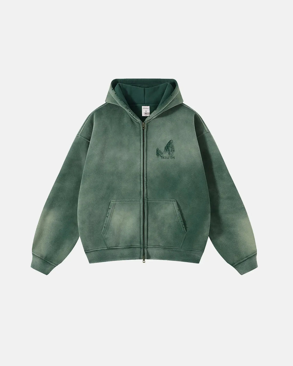 Green unisex zip-up hoodie with hood and graphic back print