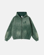 Green unisex zip-up hoodie with hood and graphic back print