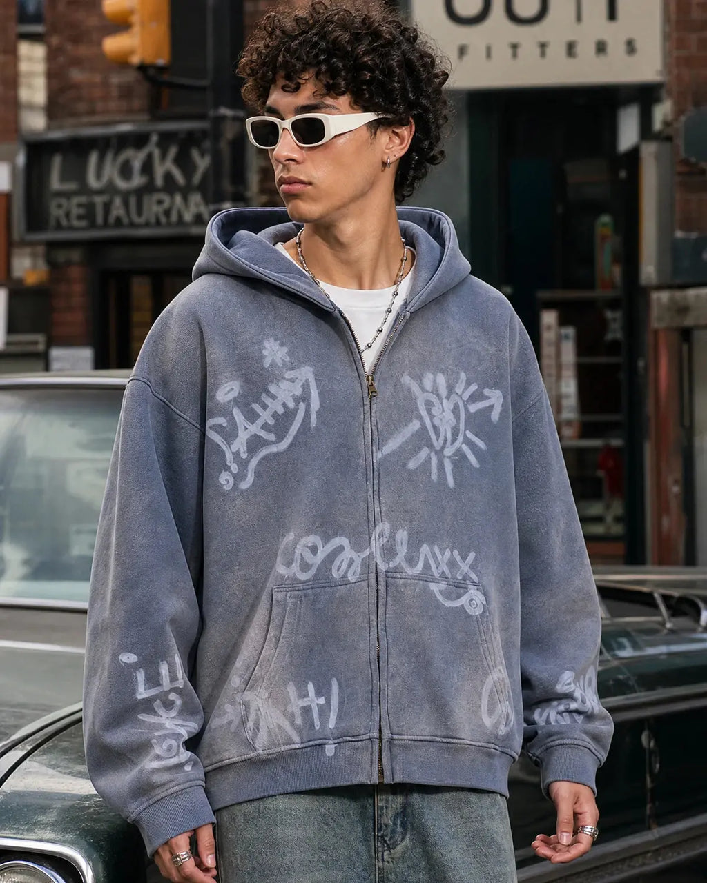 Graffiti zip-up hoodie with hood and front pockets