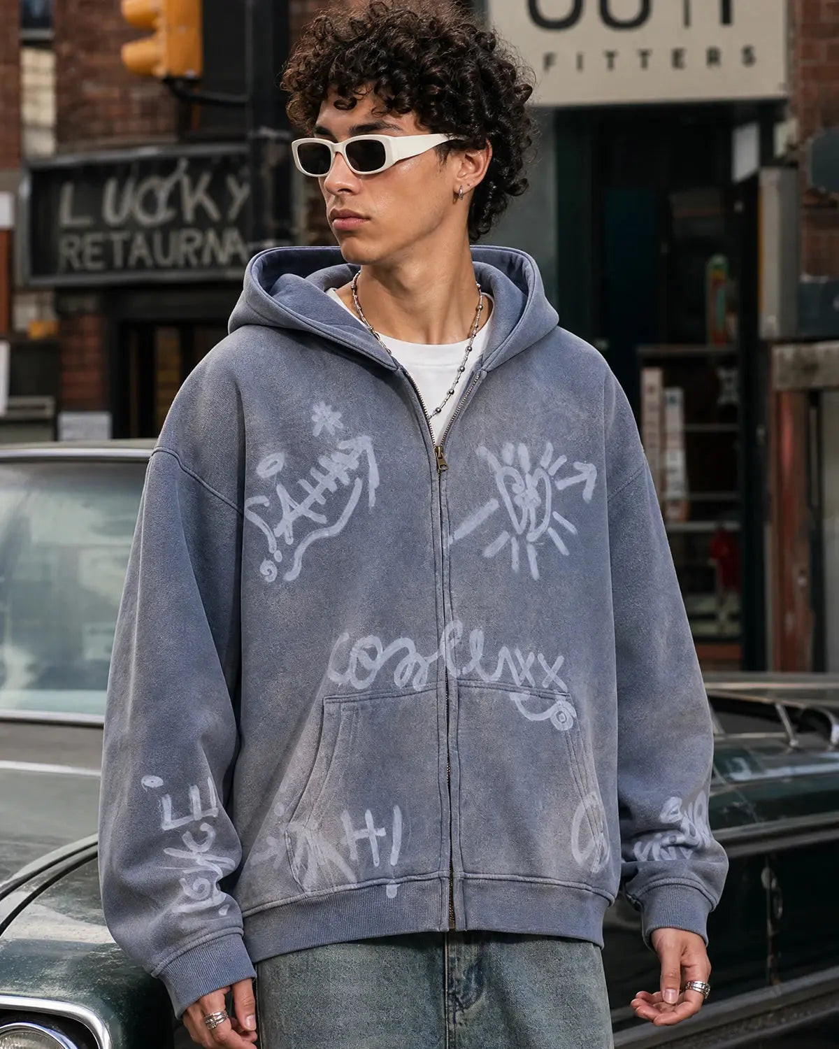 Graffiti zip-up hoodie with hood and front pockets