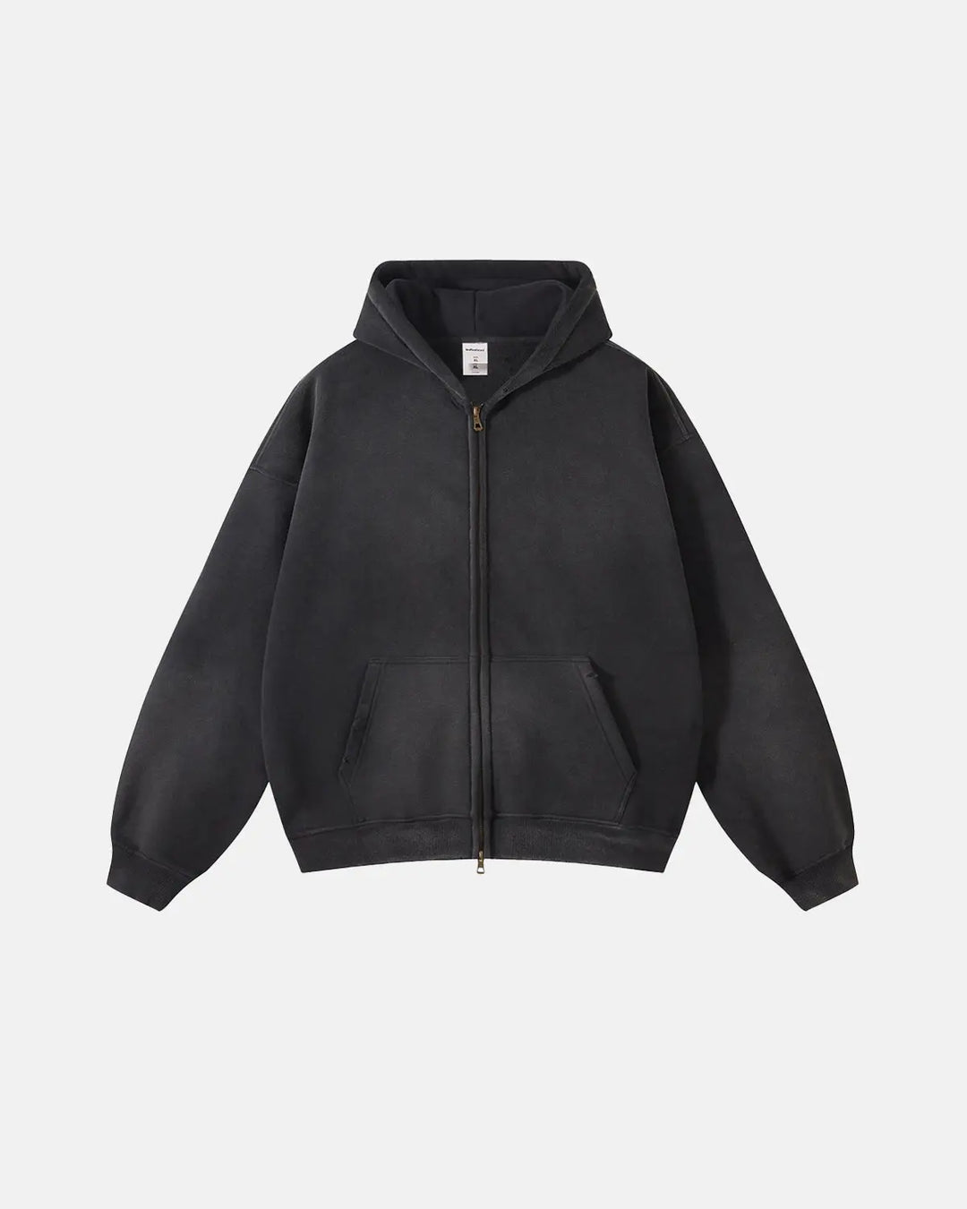 Unisex acid-washed zip-up hoodie with hood and front pockets