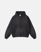 Unisex acid-washed zip-up hoodie with hood and front pockets