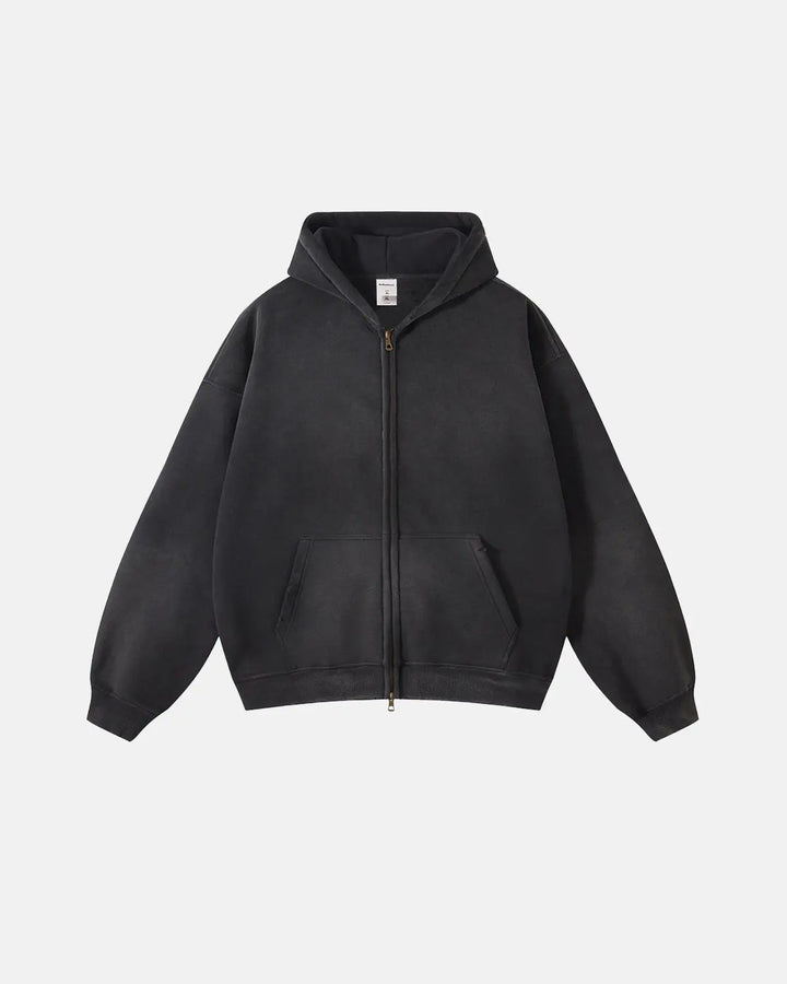 Unisex acid-washed zip-up hoodie with hood and front pockets
