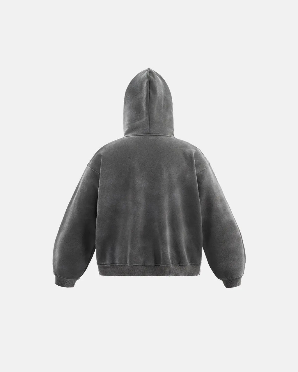 Men's grey acid-wash zip-up hoodie with hood, graphic print and front pockets