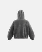Men's grey acid-wash zip-up hoodie with hood, graphic print and front pockets