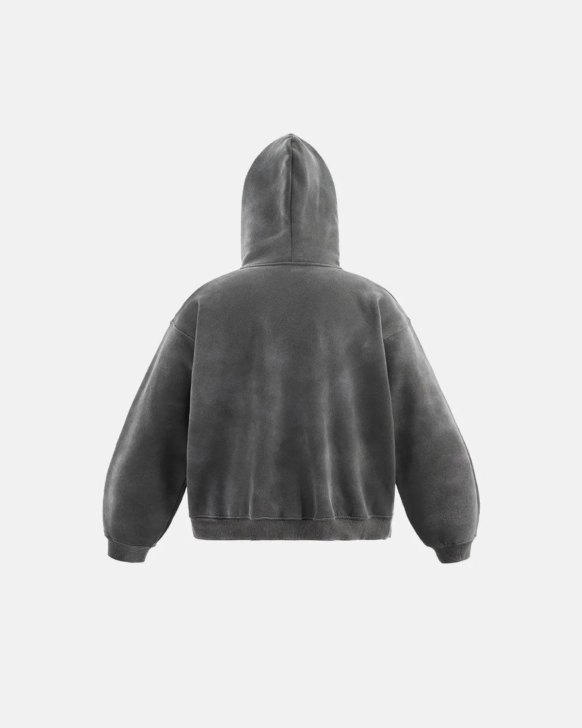 Men's grey acid-wash zip-up hoodie with hood, graphic print and front pockets