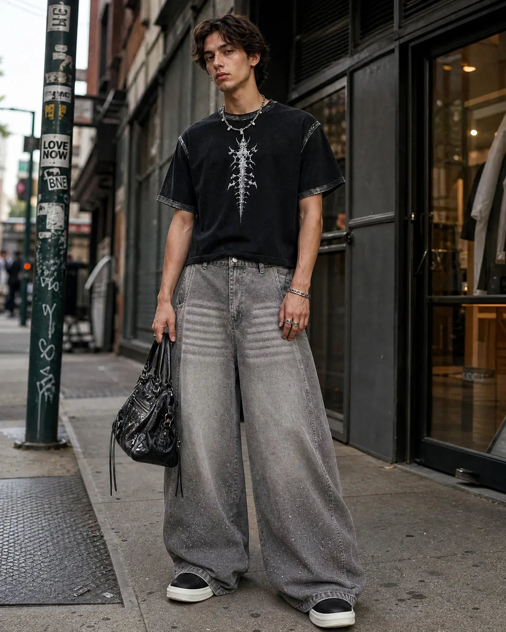 Light gray washed wide-leg jeans with rhinestone lower-leg detail