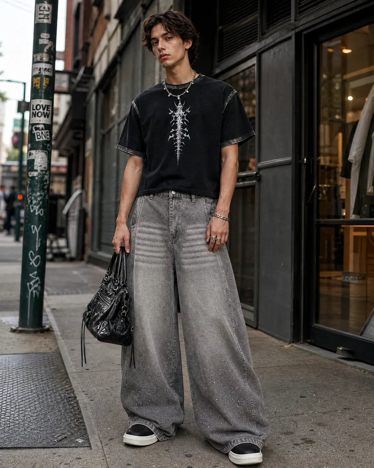Light gray washed wide-leg jeans with rhinestone lower-leg detail