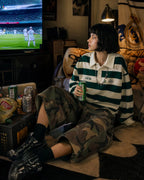 Unisex striped rugby polo shirt with a white collar and long sleeves