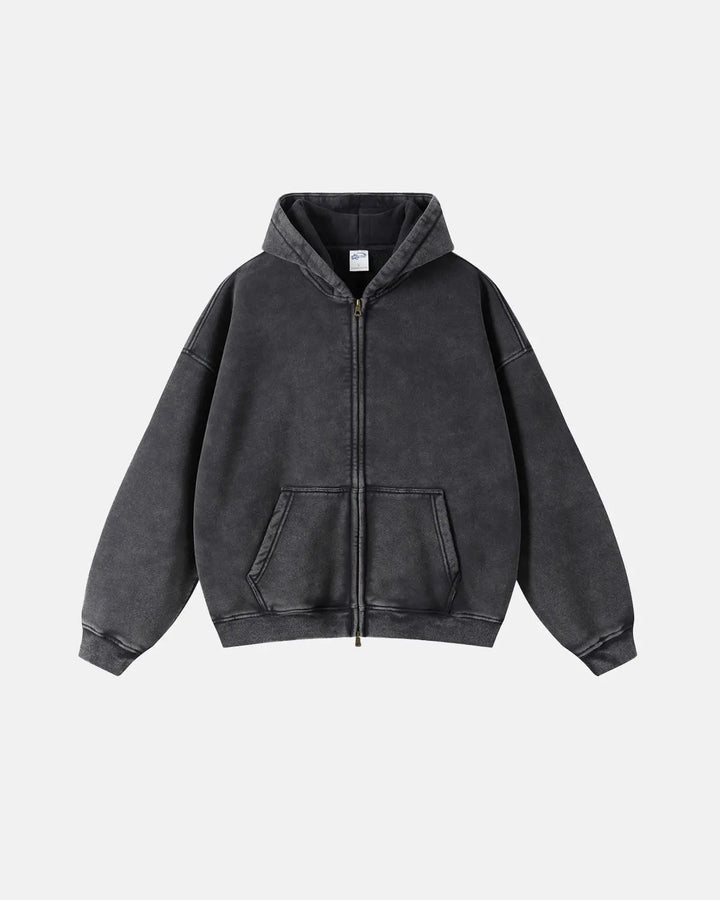 Men's washed zip-up hoodie with hood and kangaroo pockets
