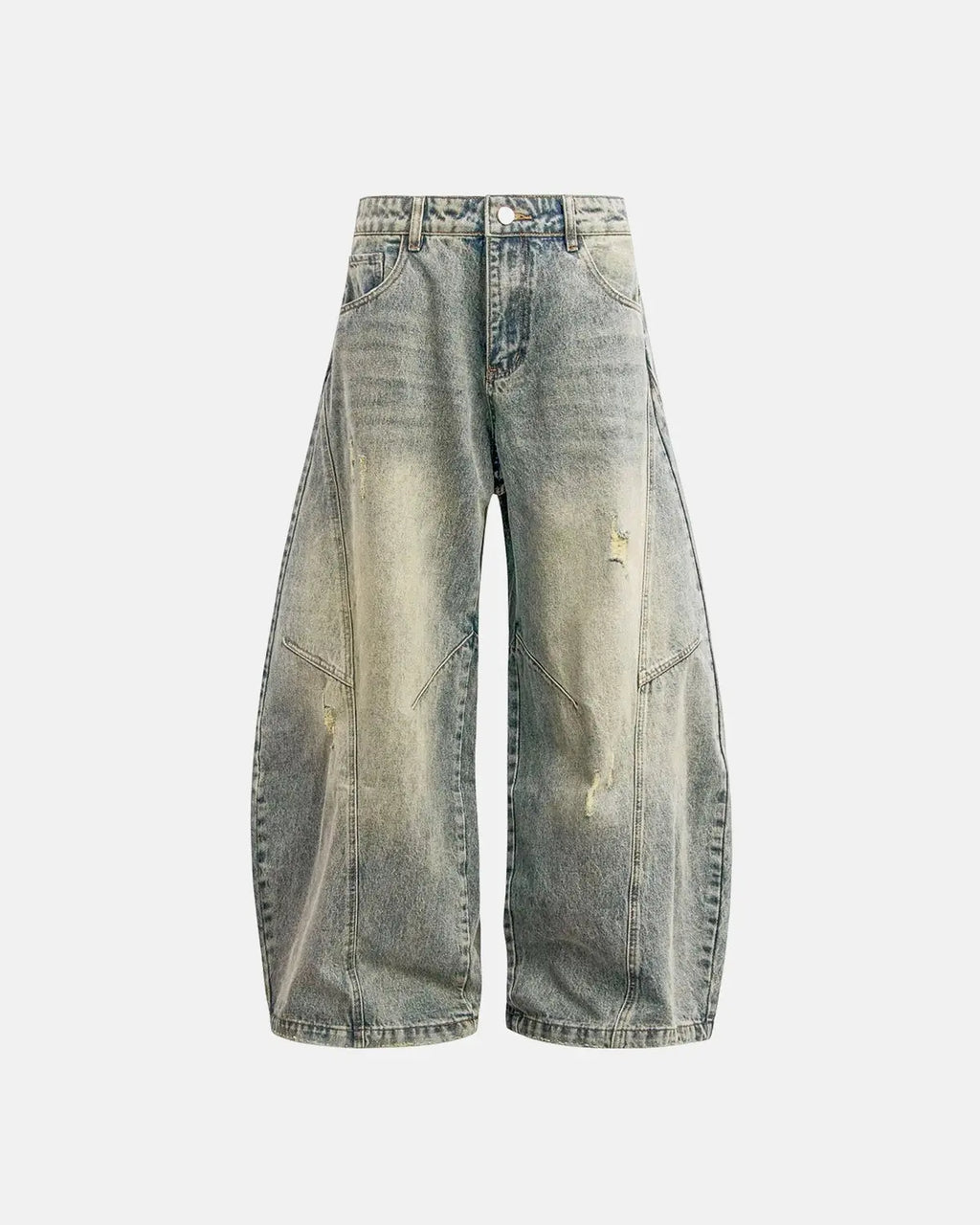 Distressed baggy jeans with wide legs and stitched panel details