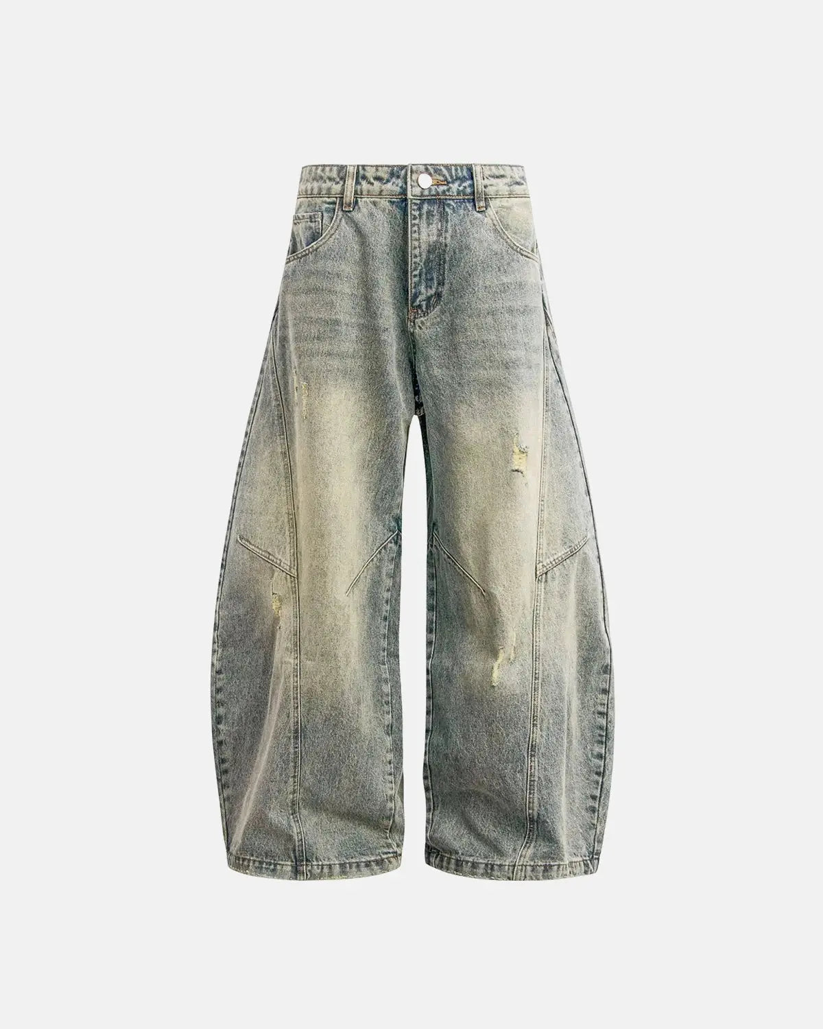 Distressed baggy jeans with wide legs and stitched panel details