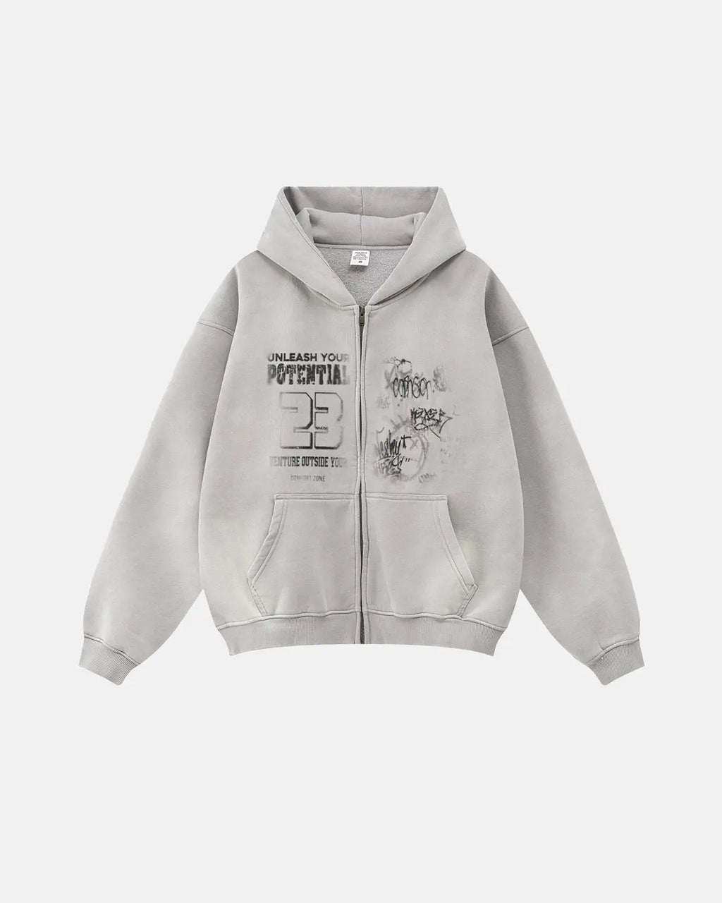 Men's washed graphic zip-up hoodie with hood and front pockets