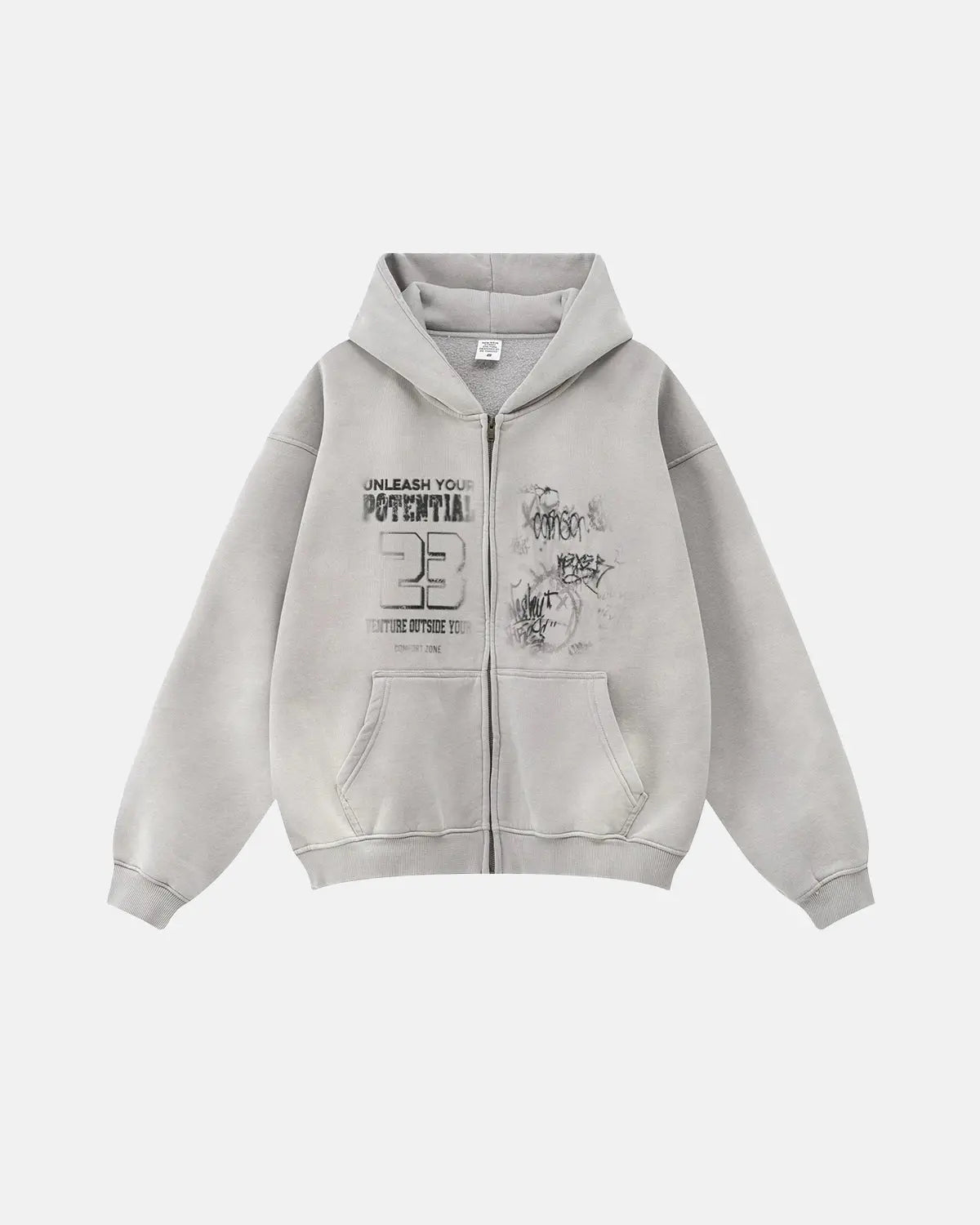 Men's washed graphic zip-up hoodie with hood and front pockets