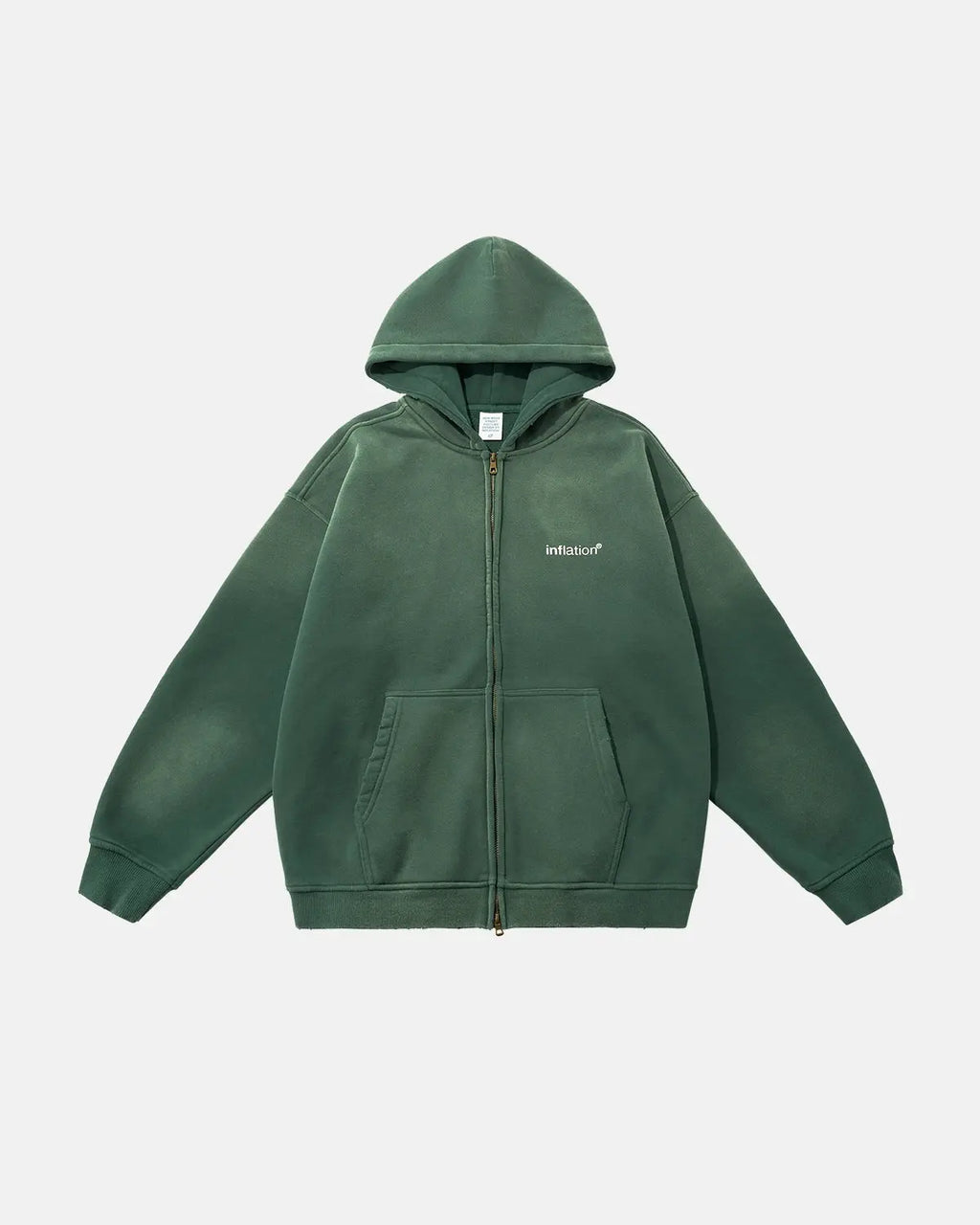 Green zip-up hoodie with hood, kangaroo pocket and ribbed trims