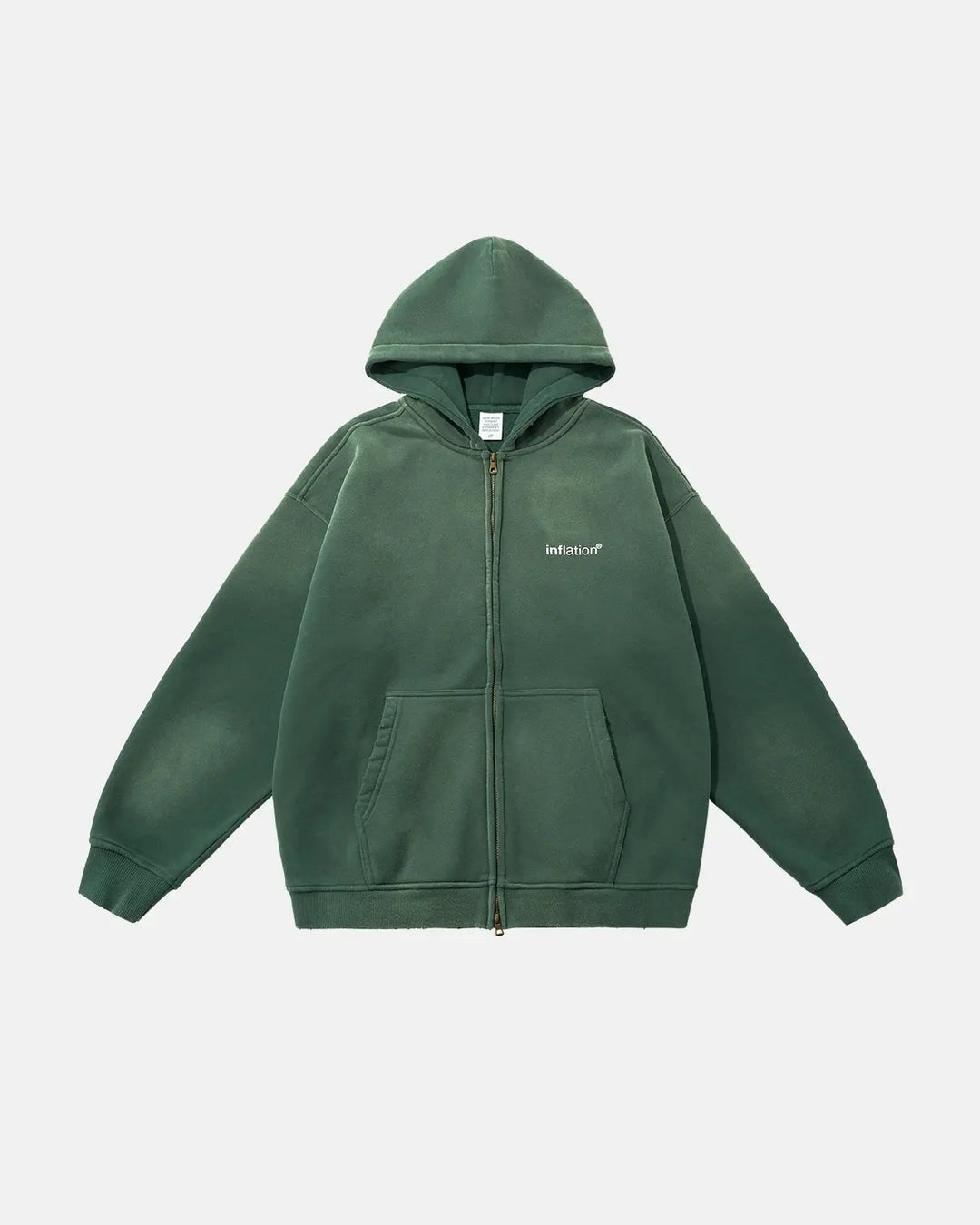Green zip-up hoodie with hood, kangaroo pocket and ribbed trims
