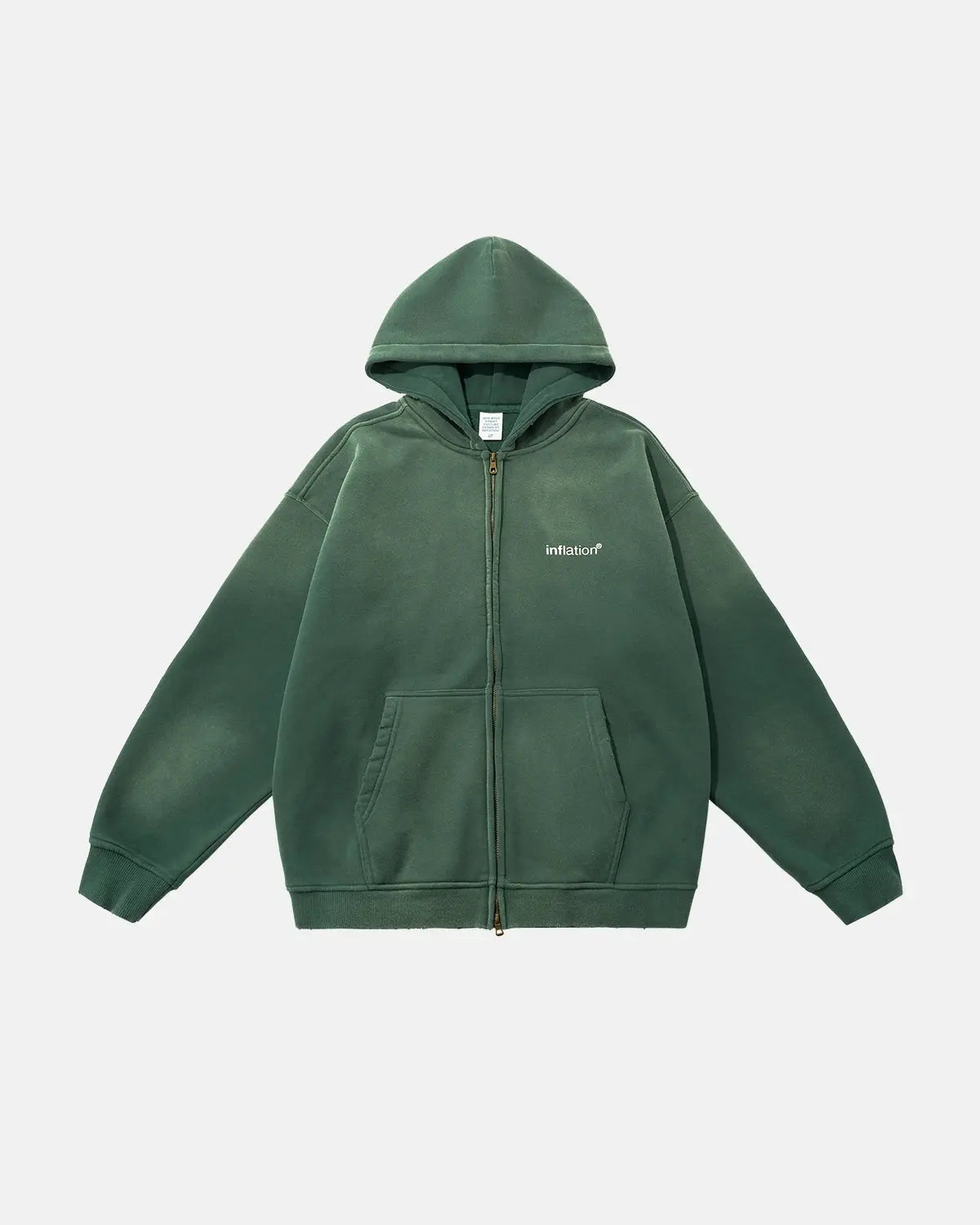 Green zip-up hoodie with hood, kangaroo pocket and ribbed trims