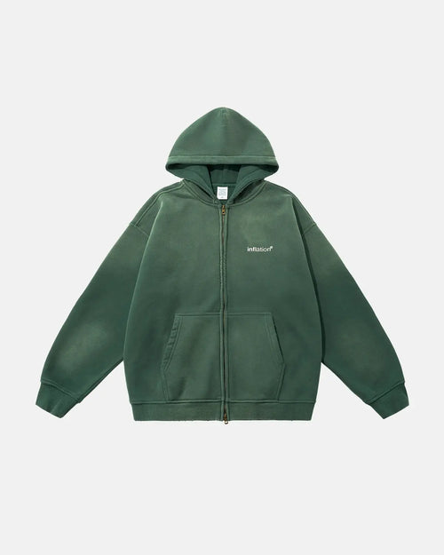 Green zip-up hoodie with hood, kangaroo pocket and ribbed trims