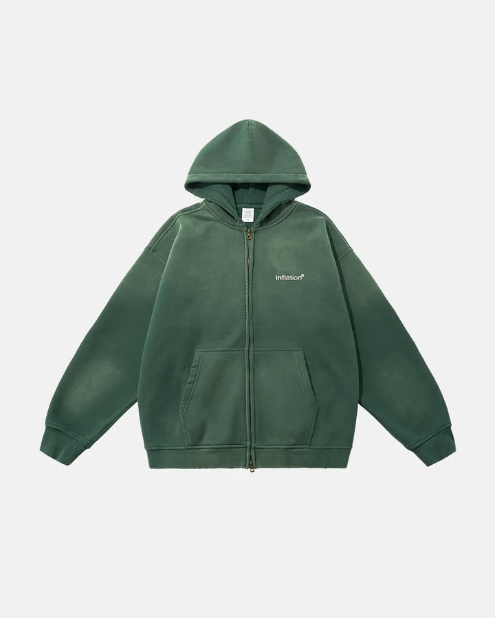 Green zip-up hoodie with hood, kangaroo pocket and ribbed trims