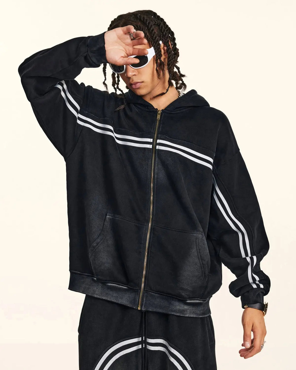 Men's black acid wash zip-up hoodie with white stripes