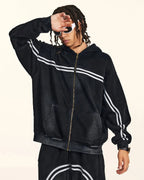 Men's black acid wash zip-up hoodie with white stripes